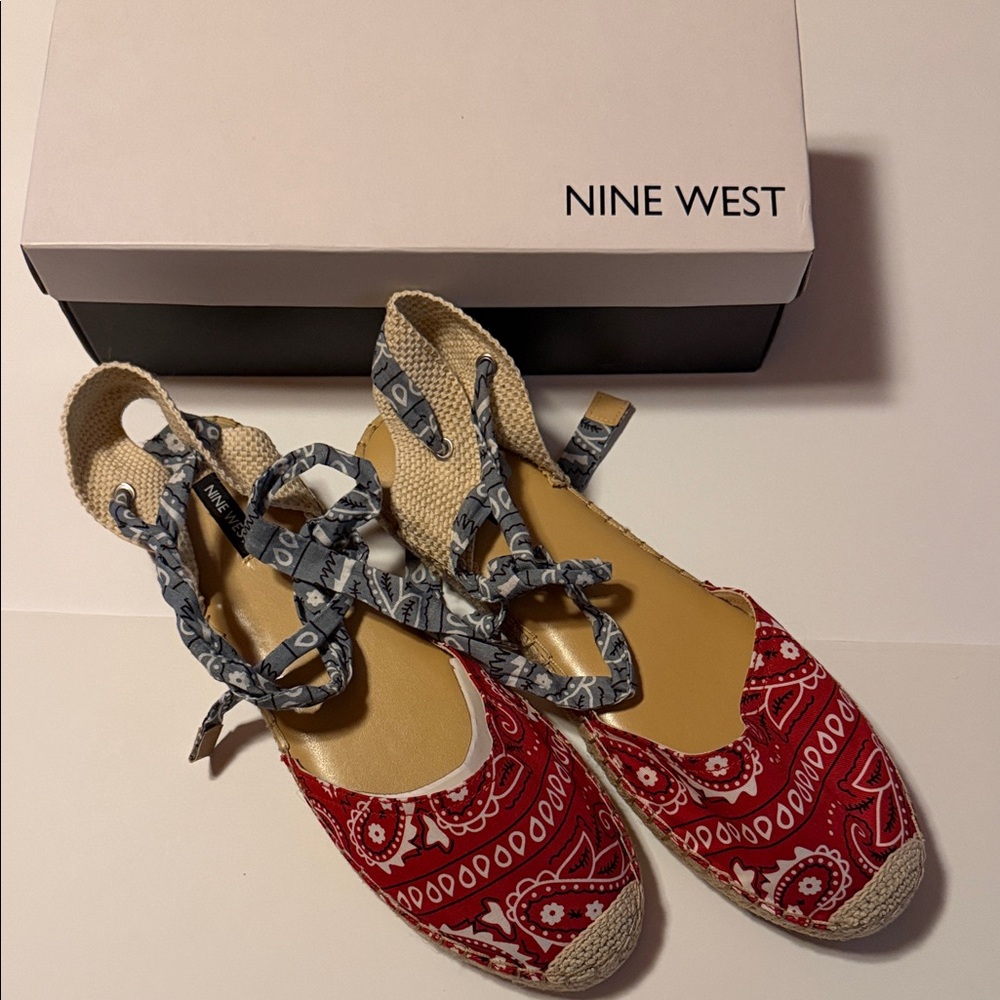 Nine West Red Bandana Espadrille Lace-Up Flats with Blue Ties